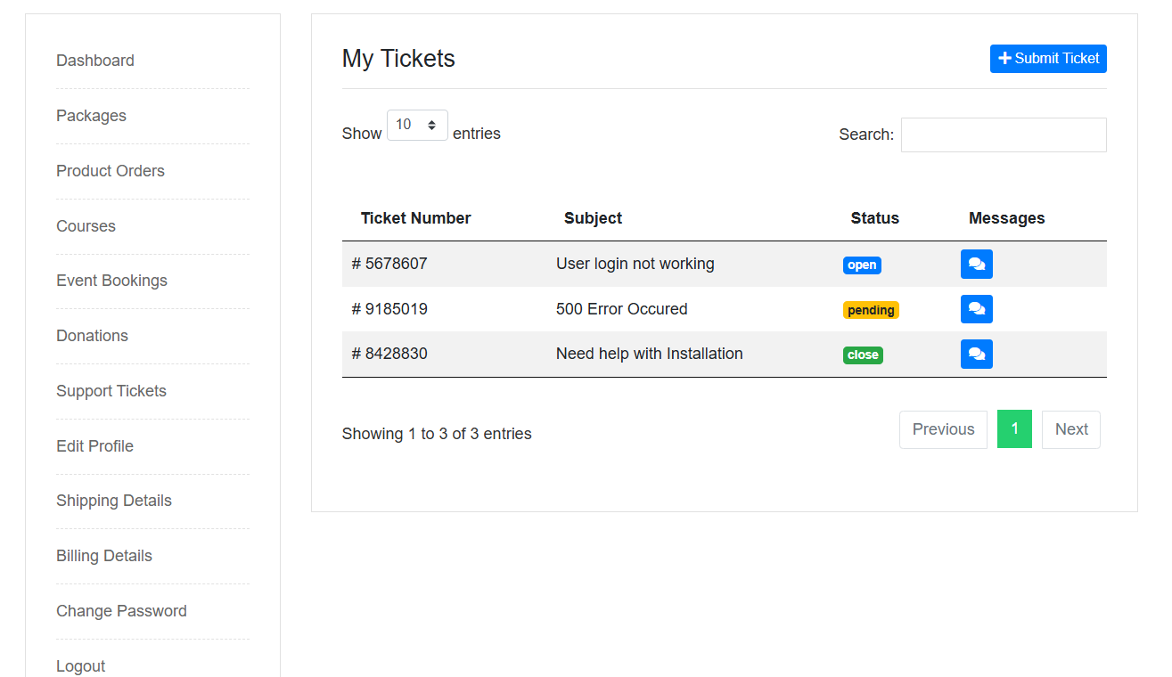 User Tickets Preview